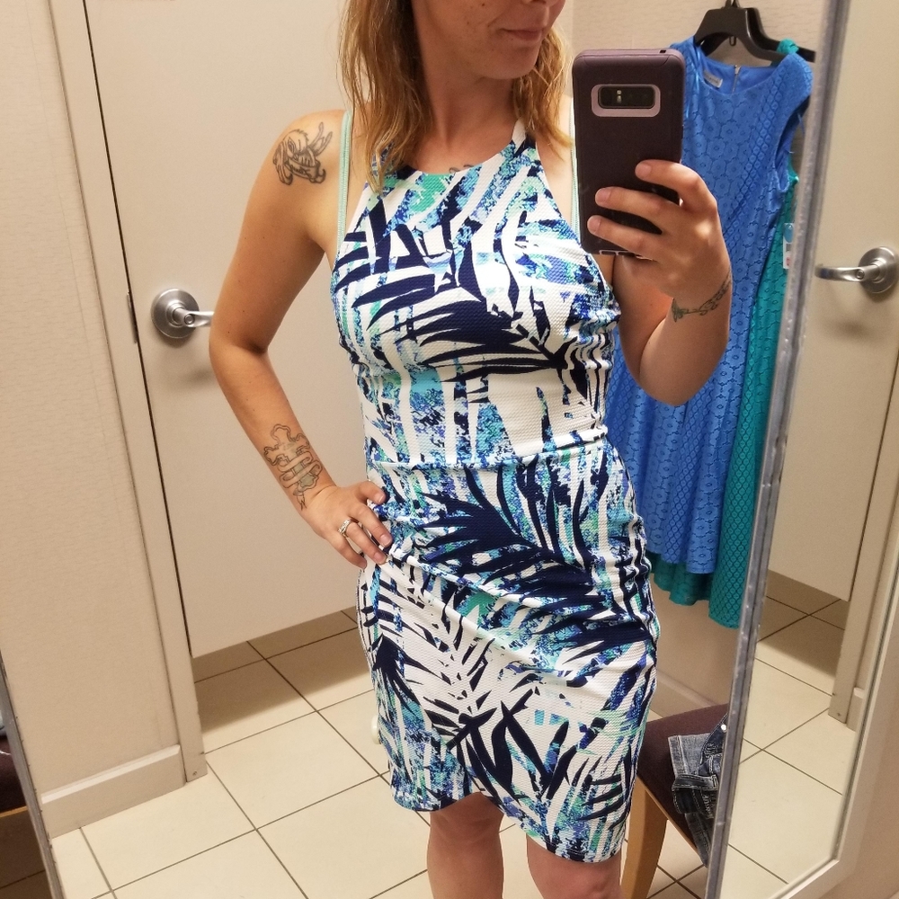 Premier Amour blue and white tropical midi wrap